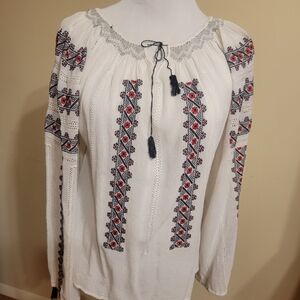 Embroidered White Blouse with Red and Black Accents
